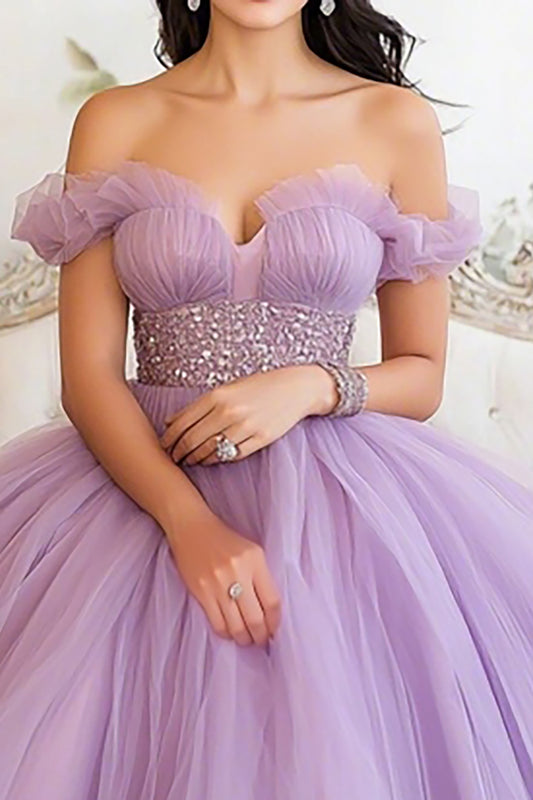 Sparkly Lilac Ball Gown Tulle Princess Long Quinceanera Dress with Ruffles