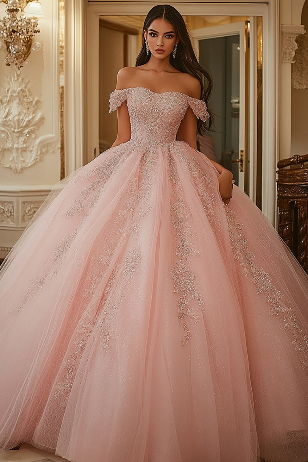 Zapakasa Women Sparkly Pink Ball Gown Quinceanera Dress with Lace Tulle Princess Off the Shoulder Long Sweet 16 Dress