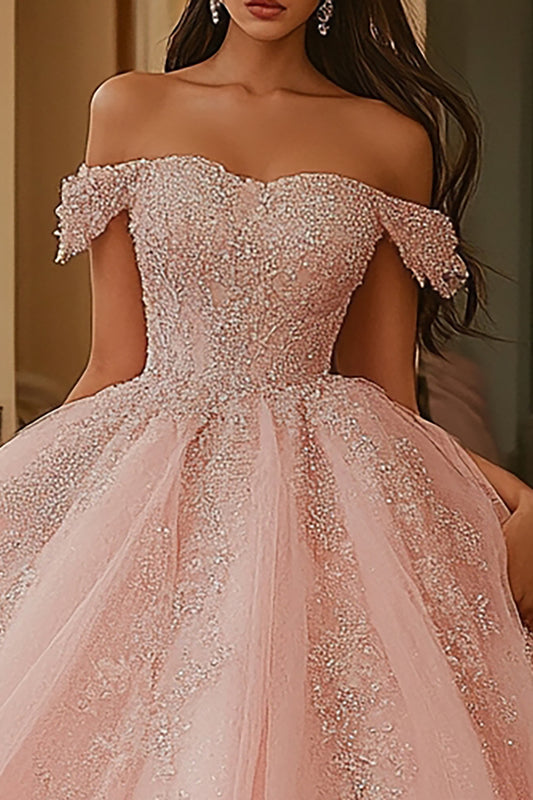 Sparkly Pink Ball Gown Tulle Princess Long Quinceanera Dress with Lace
