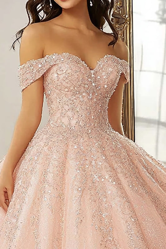 Sparkly Champagne Ball Gown Off the Shoulder Long Quinceanera Dress with Beading