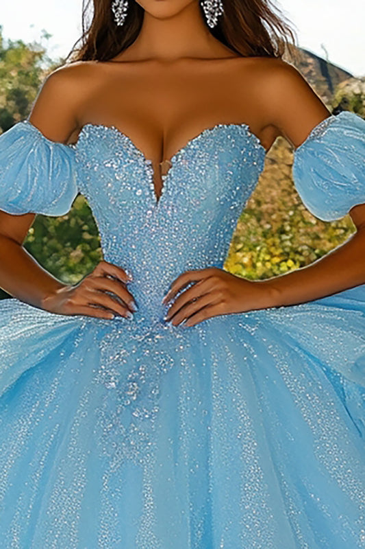 Sparkly Sky Blue Tulle Ball Gown Princess RuffledQuinceanera Dress with Beading