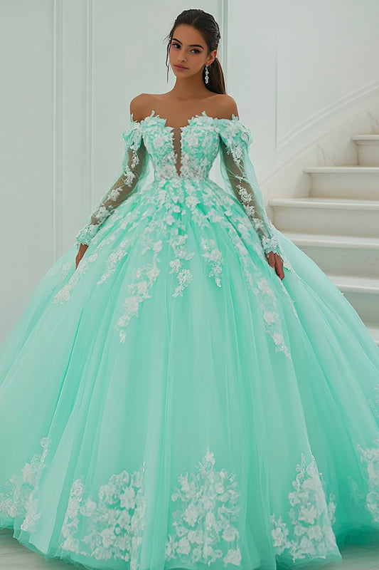 Mint Green Ball Gown Tulle Princess Long Quinceanera Dress with Appliques