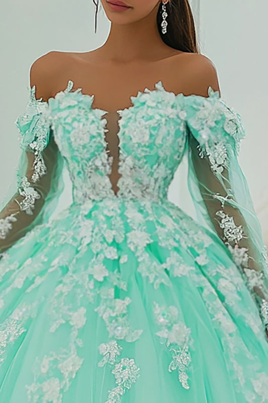 Mint Green Ball Gown Tulle Princess Long Quinceanera Dress with Appliques