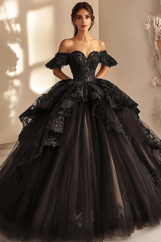 Black Ball Gown Princess Long Ruffled Quinceanera Dress with Appliques