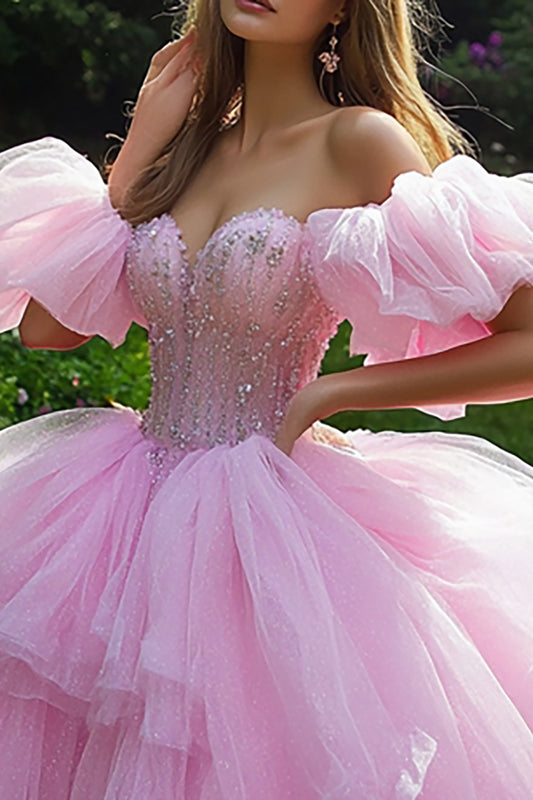 Pink Ball Gown Corset Princess Tulle Ruffled Long Quinceanera Dress with Beading
