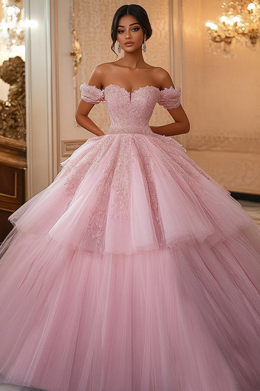 Pink Ball Gown Princess Tiered Tulle Long Quinceanera Dress with Lace