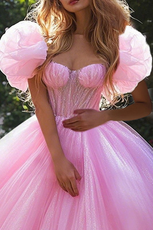 Sparkly Pink Ball Gown Corset Princess Tulle Long Quinceanera Dress with Sleeves