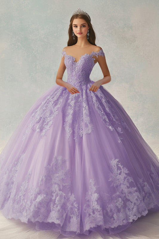Lilac Ball Gown Princess Off the Shoulder Long Quinceanera Dress with Lace
