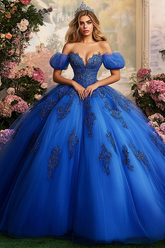 Royal Blue Tulle Ball Gown Princess Long Quinceanera Dress with Lace