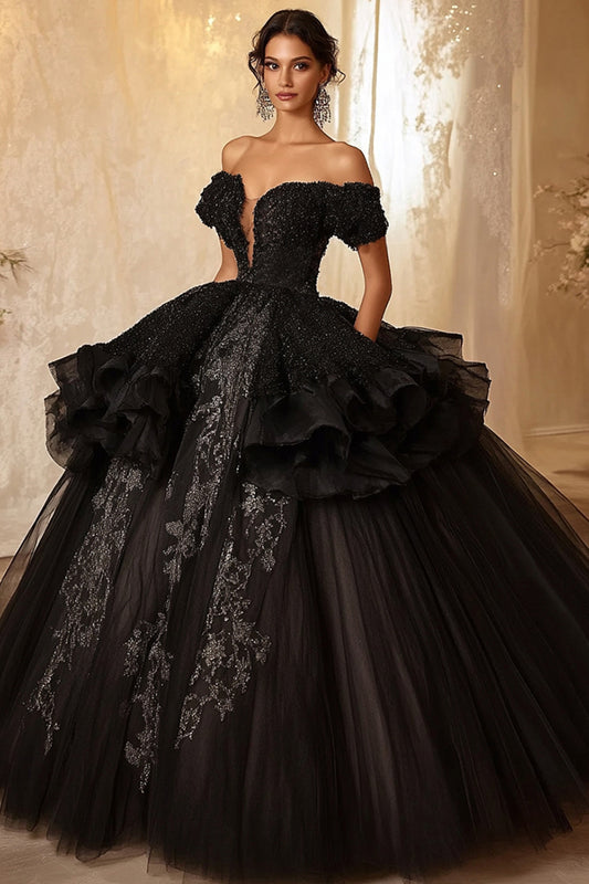 Sparkly Black Ball Gown Princess Long Ruffled Quinceanera Dress with Lace