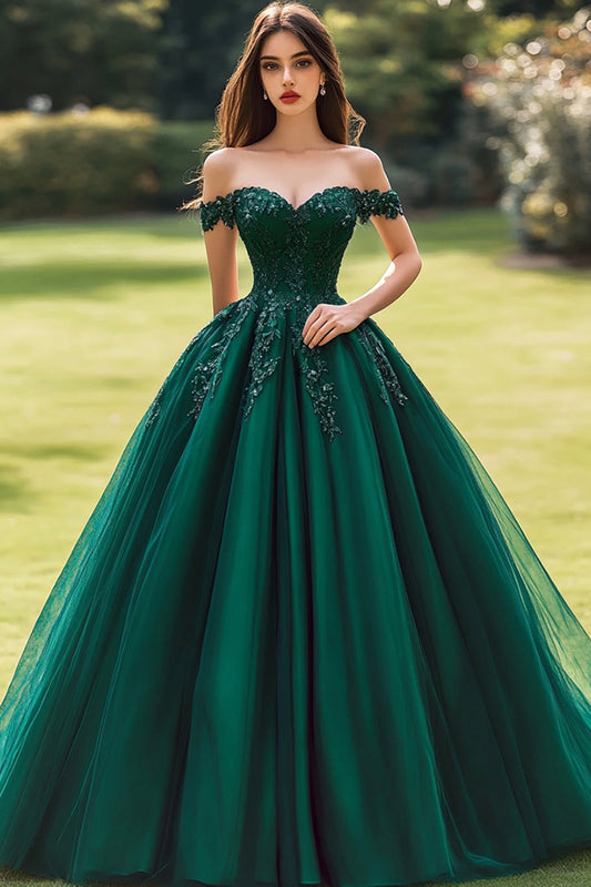 Dark Green Ball Gown Long Princess Quinceanera Dress with Appliques