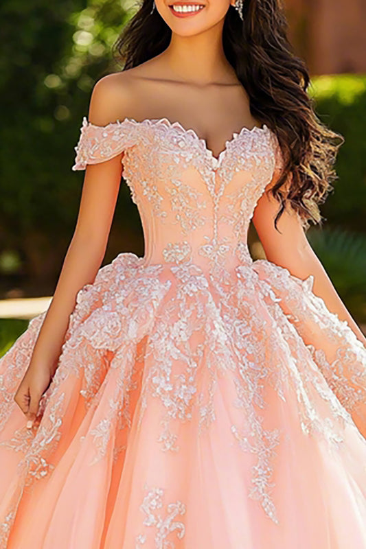 Pink Ball Gown Princess Corset Long Quinceanera Dress with Appliques