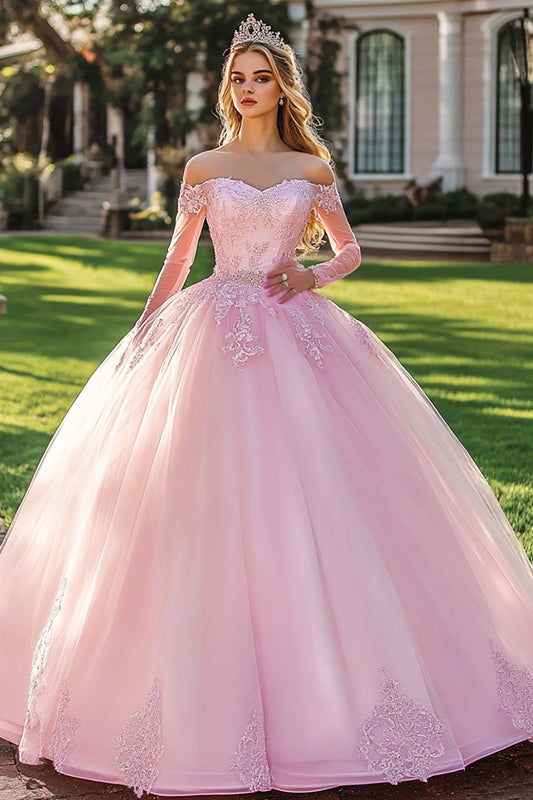 Pink Ball Gown Appliqued Off the Shoulder Long Quinceanera Dress with Sleeves