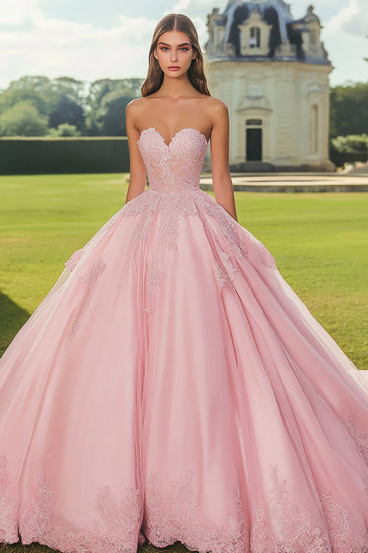Zapaka Pink Princess Long Quinceanera Dress with Appliques Sweetheart Ball Gown Sweet 16 Dress