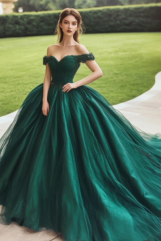 Dark Green Ball Gown Corset Princess Long Quinceanera Dress with Appliques