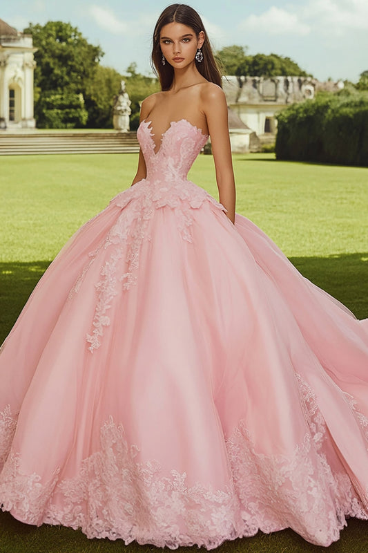 Pink Strapless Ball Gown Princess Long Quinceanera Dress with Appliques