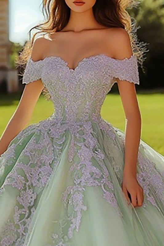 Dusty Sage Tulle Ball Gown Long Quinceanera Dress with Lace