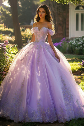 Lilac Ball Gown Tulle Off the Shoulder Long Quinceanera Dress with Appliques