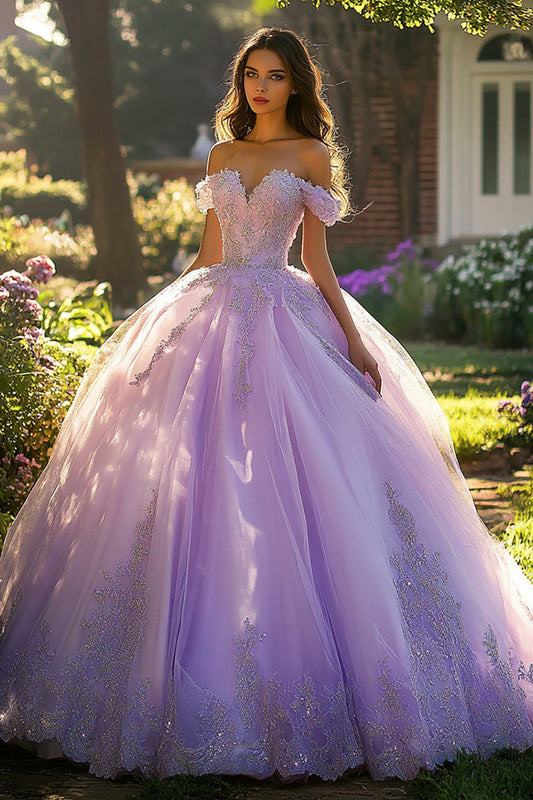 Lilac Ball Gown Tulle Off the Shoulder Long Quinceanera Dress with Appliques