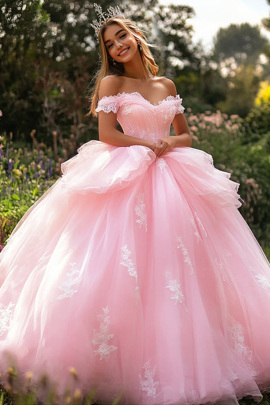 Pink Tulle Ball Gown Long Appliqued Quinceanera Dress with Ruffles