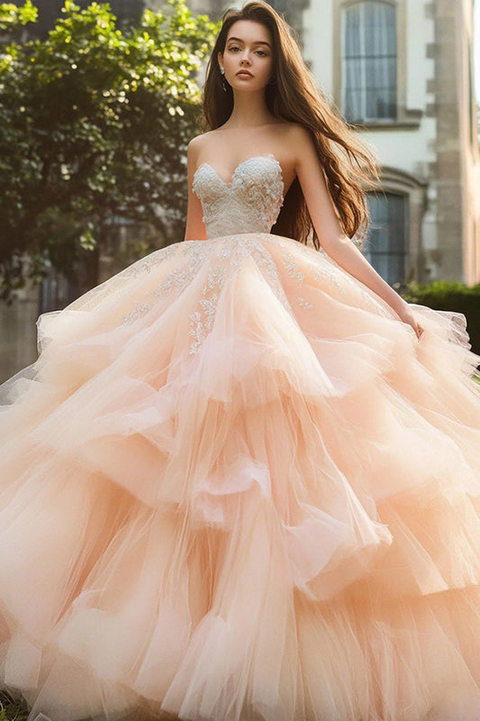 Champagne Tulle Ball Gown Sweetheart Tiered Quinceanera Dress with Lace