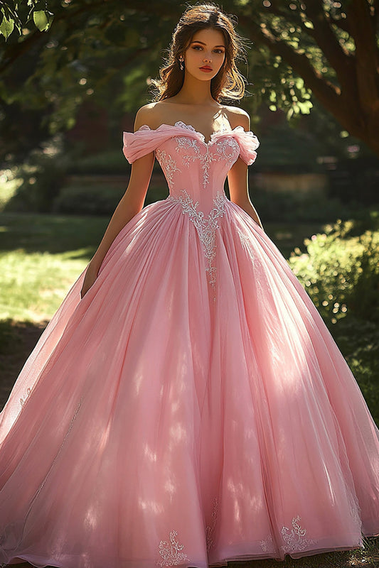 Pink Tulle Corset Princess Ball Gown Long Quinceanera Dress with Appliques