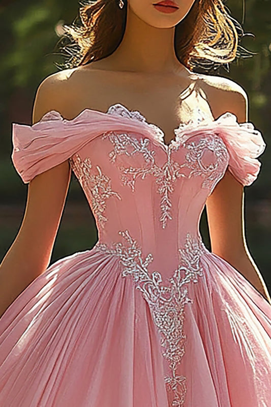 Pink Tulle Corset Princess Ball Gown Long Quinceanera Dress with Appliques