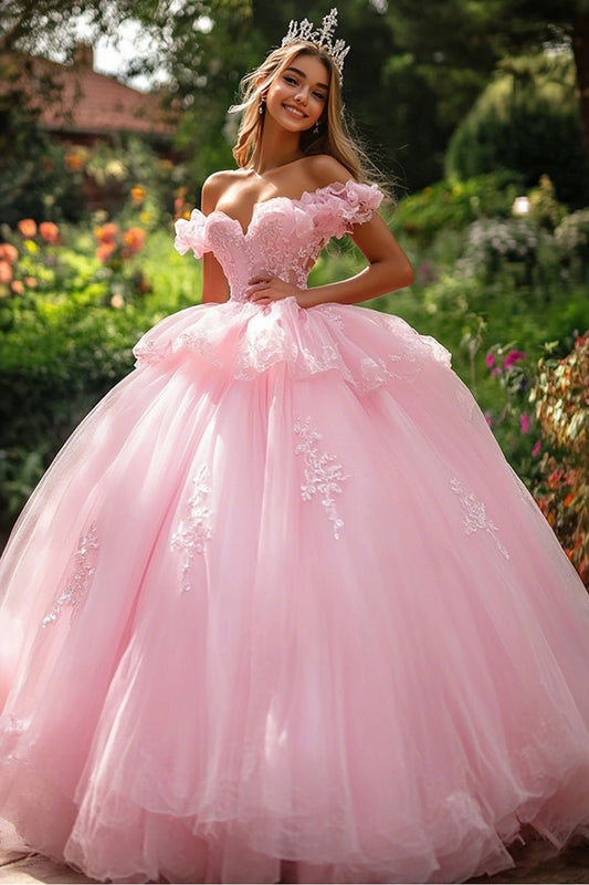 Pink Tulle Ball Gown Long Quinceanera Dress with Ruffles