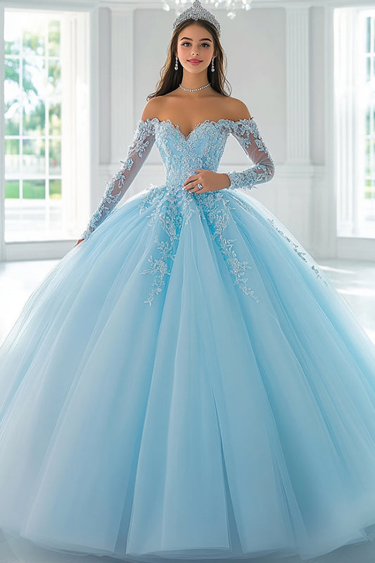 Sky Blue Ball Gown Long Sleeves Quinceanera Dress with Lace