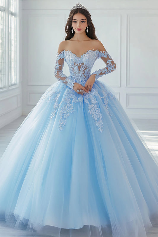 Sky Blue Long Sleeves Ball Gown Princess Quinceanera Dress with Lace
