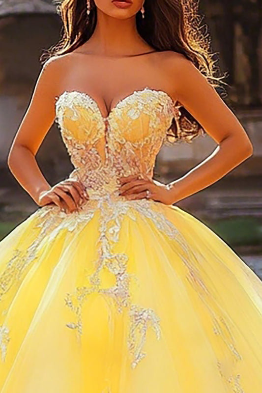 Yellow Strapless Tulle Ball Gown Princess Long Quinceanera Dress with Appliques