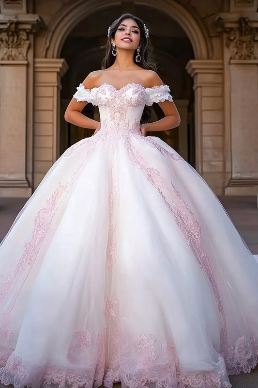 White and Pink Ball Gown Tulle Princess Long Quinceanera Dress with Appliques