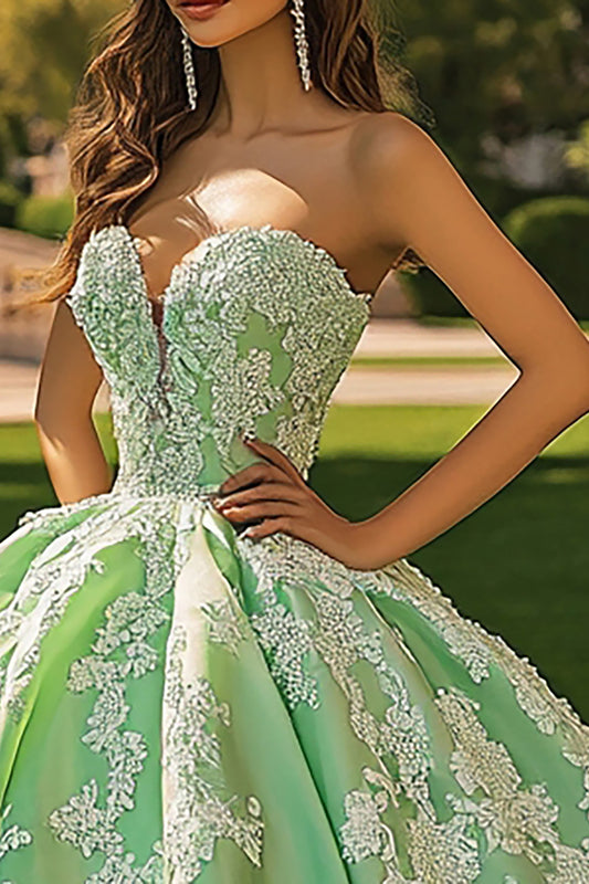 Green Ball Gown Sweetheart Princess Long Quinceanera Dress with Appliques