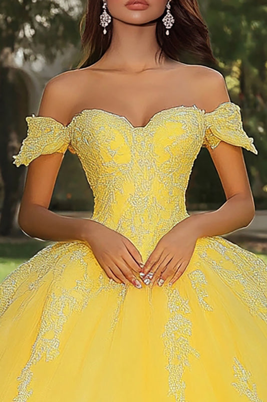 Yellow Ball Gown Off the Shoulder Long Tulle Quinceanera Dress with Lace