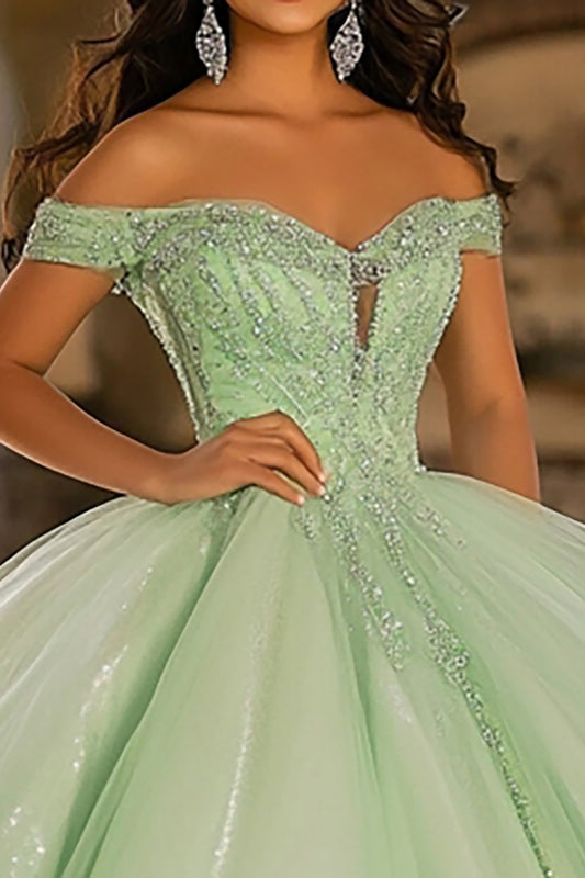 Glitter Light Green Ball Gown Tulle Long Quinceanera Dress with Appliques