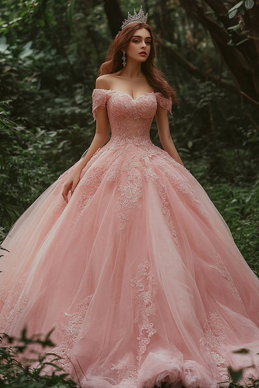 Pink Tulle Ball Gown Princess Long Quinceanera Dress with Lace