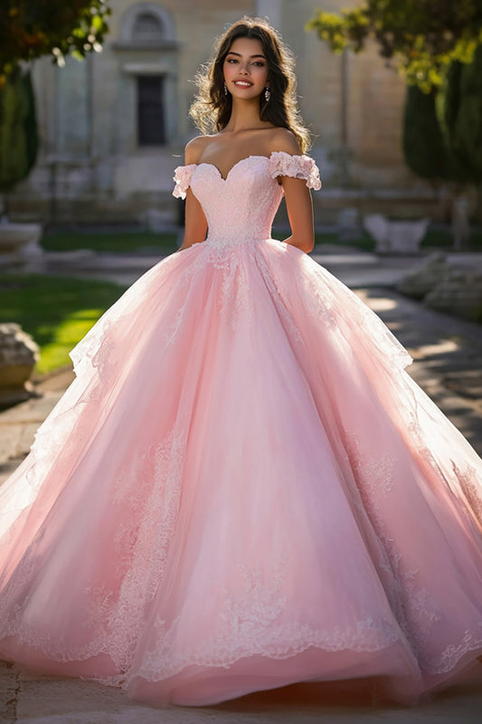 Pink Tulle Ball Gown Off the Shoulder Long Quinceanera Dress with Lace