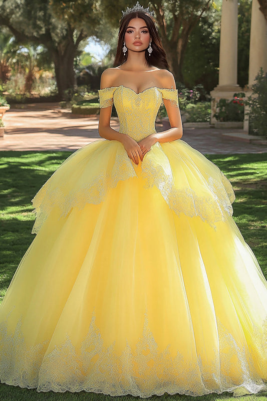 Yellow Tulle Ball Gown Appliqued Long Quinceanera Dress with Ruffles