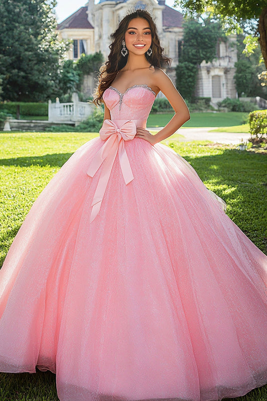 Sparkly Pink Tulle Ball Gown Sweetheart Long Quinceanera Dress with Bow