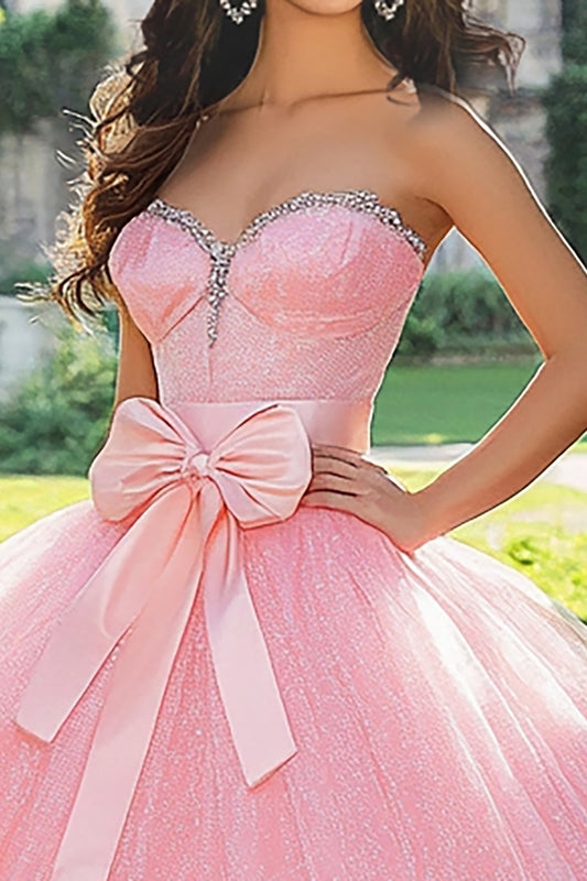 Sparkly Pink Tulle Ball Gown Sweetheart Long Quinceanera Dress with Bow