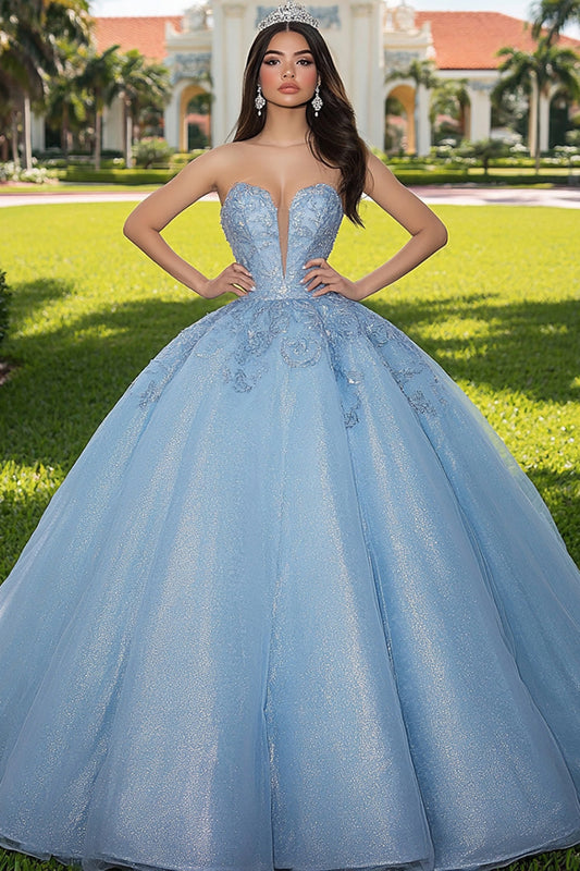 Glitter Sky Blue Princess Ball Gown Long Sweetheart Quinceanera Dress