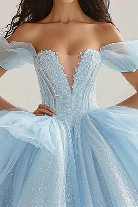 Sky Blue Princess Ball Gown Glitter Long Tulle Quinceanera Dress with Ruffles