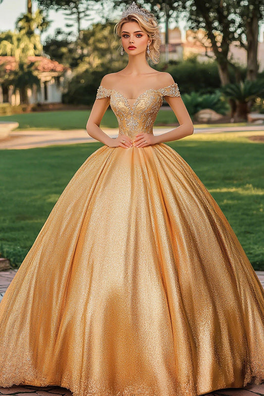 Glitter Gold Princess Ball Gown Off the Shoulder Long Quinceanera Dress
