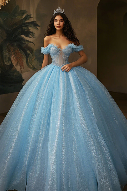 Sky Blue Princess Glitter Ball Gown Long Quinceanera Dress with Ruffles