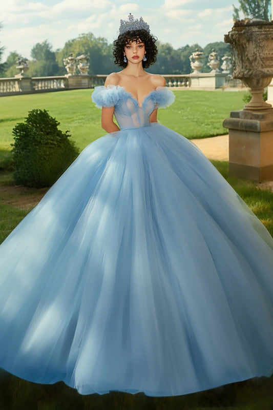 Sky Blue Ball Gown Tulle Princess Long Quinceanera Dress with Ruffles