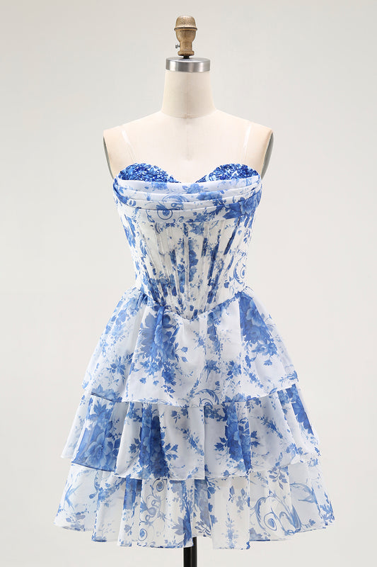 White Blue Floral A Line Corset Short Homecoming Dress with Ruffles