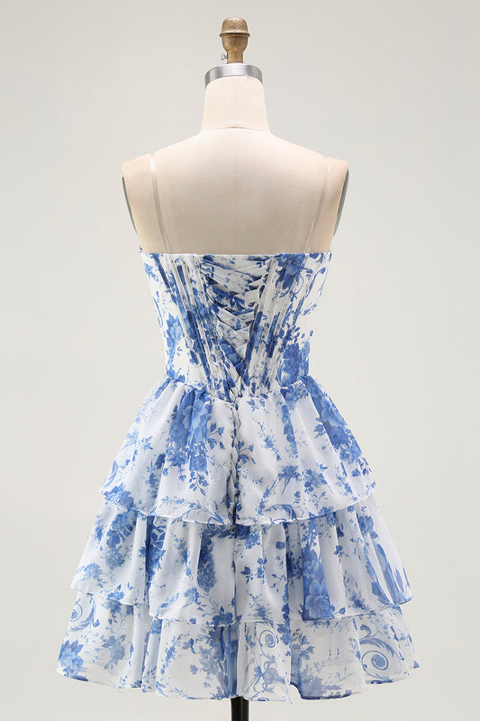 White Blue Floral A Line Corset Short Homecoming Dress with Ruffles
