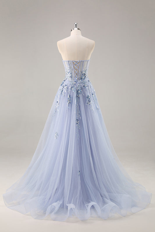 Sparkly Grey Blue Corset Sweetheart Long Prom Dress with Appliques