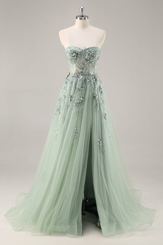 Sparkly Green Corset Sweetheart Long Prom Dress with Appliques