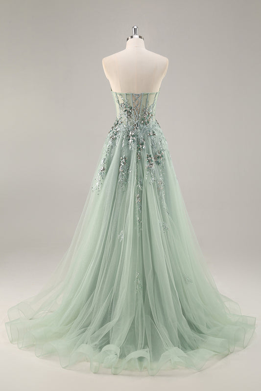 Sparkly Green Corset Sweetheart Long Prom Dress with Appliques